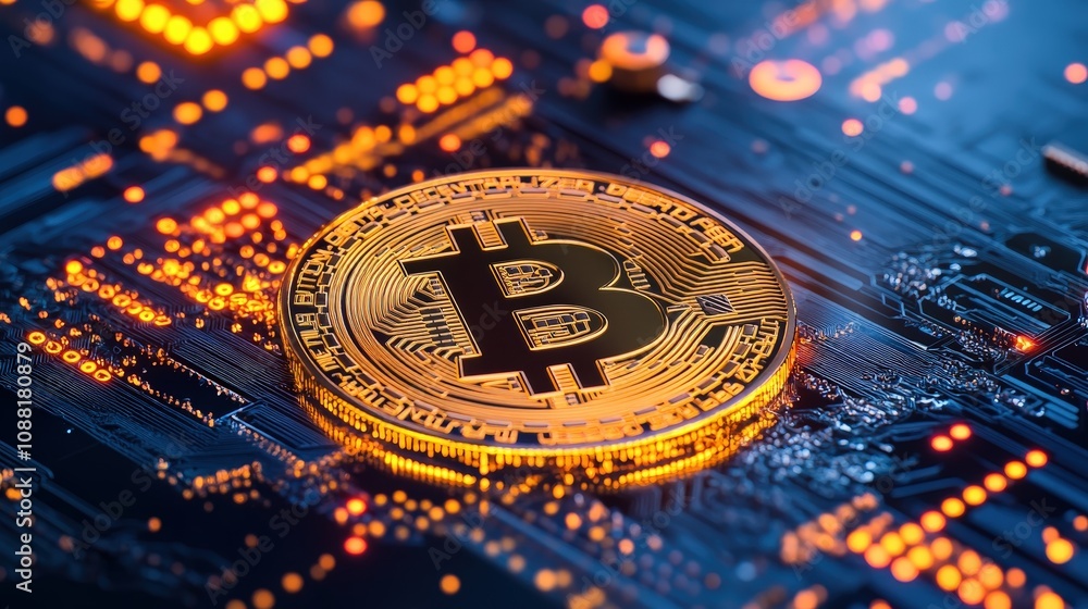 Poster a glowing bitcoin coin with financial data graphs and blockchain nodes, showcasing bitcoin as an inv