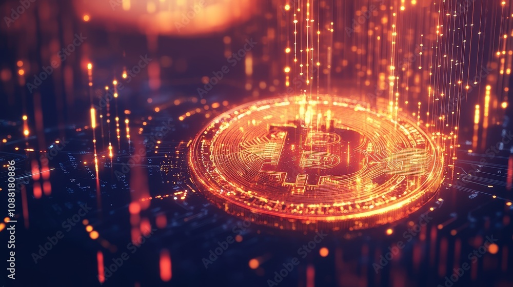 Poster a glowing bitcoin coin with financial data graphs and blockchain nodes, showcasing bitcoin as an inv