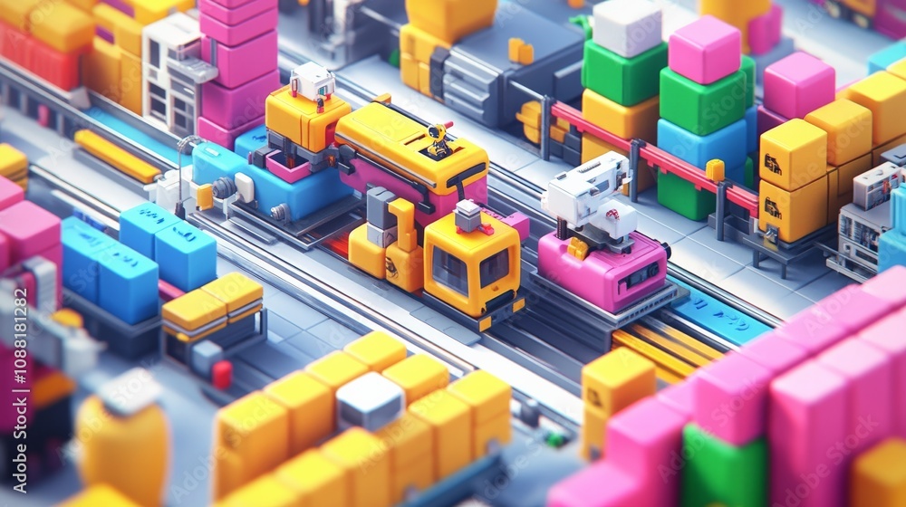 Poster vibrant assembly line with robots and traditional methods