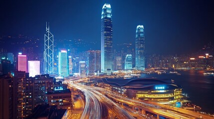 Obraz premium Vibrant Hong Kong cityscape at night, illuminated skyscrapers and busy highway.
