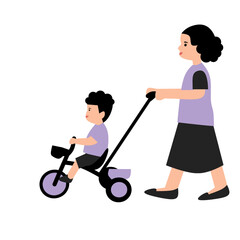 Child riding trycicle with mother