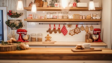 A holiday baking-themed photo booth with gingerbread cookies, a cozy kitchen setup, and baking props,