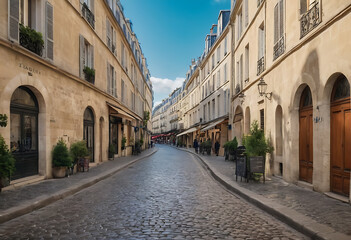 Obraz premium Classic Parisian street scene with charming architecture, cobblestone pavement, and sidewalk cafes. Ideal for travel, architecture, or European-themed projects.