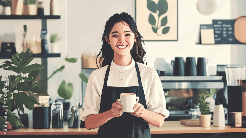 Poster a japanese cafe worker in an apron, smiling with a latte cup in hand, in a modern minimalist setting