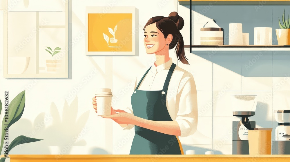 Poster a japanese cafe worker in an apron, smiling with a latte cup in hand, in a modern minimalist setting