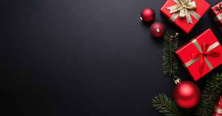 Christmas background with red gift boxes, ornaments, and fir branches on a black backdrop, creating a festive and elegant holiday scene. Ideal for cards, banners, or seasonal projects.