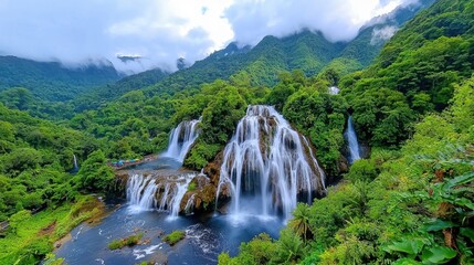 Lush green mountains, cascading waterfall, flowing water, misty peaks.