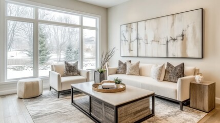 Simple family room with minimalist furniture, beige and white color scheme, abstract wall art, and large windows 