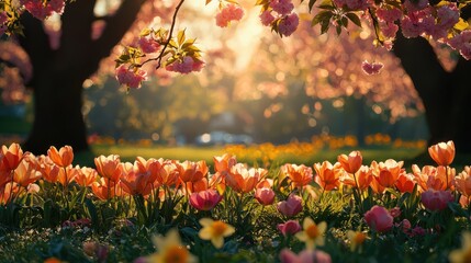 Spring Garden Tulips Cherry Blossoms Sunrise