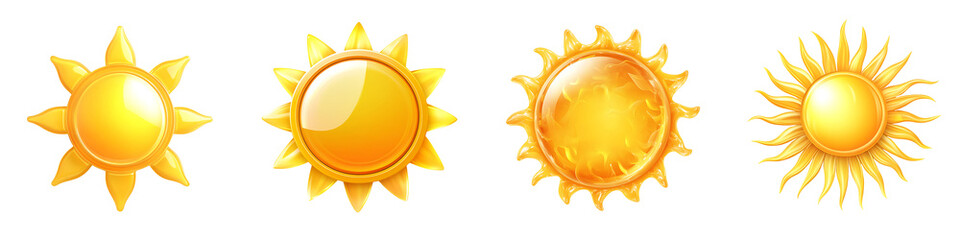 Set of a sun icon with soft rays and a warm yellow tone, isolated on a transparent background.
