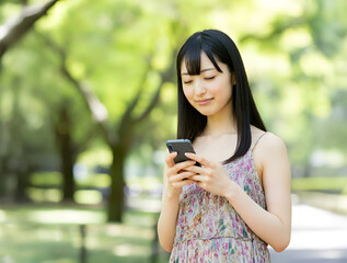 スマートフォンを持ち、微笑む若い日本人女性。デジタルデトックス