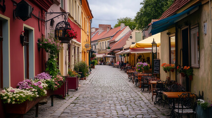 Fototapeta premium Rustic European street with cobblestones, vintage cafés, and colorful flowers in window boxes.