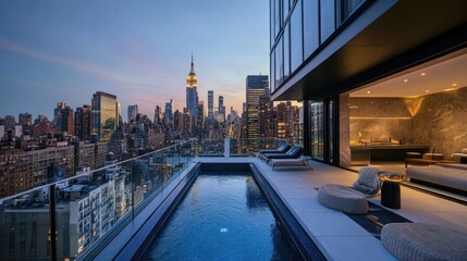 Luxury penthouse with rooftop pool, panoramic city view, modern design 