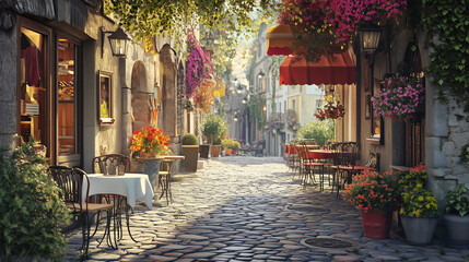 Rustic European street with cobblestones, vintage cafés, and colorful flowers in window boxes.