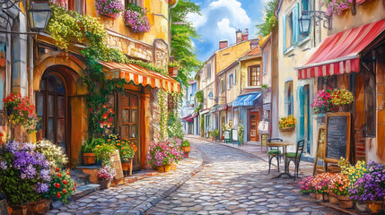 Rustic European street with cobblestones, vintage cafés, and colorful flowers in window boxes.