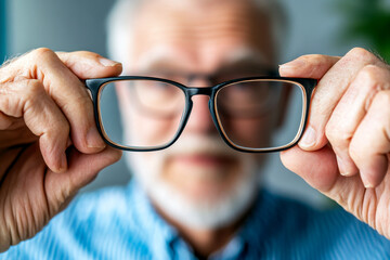 A senior man holds up a pair of glasses, smiling, with a blurred background emphasizing the importance of vision correction.