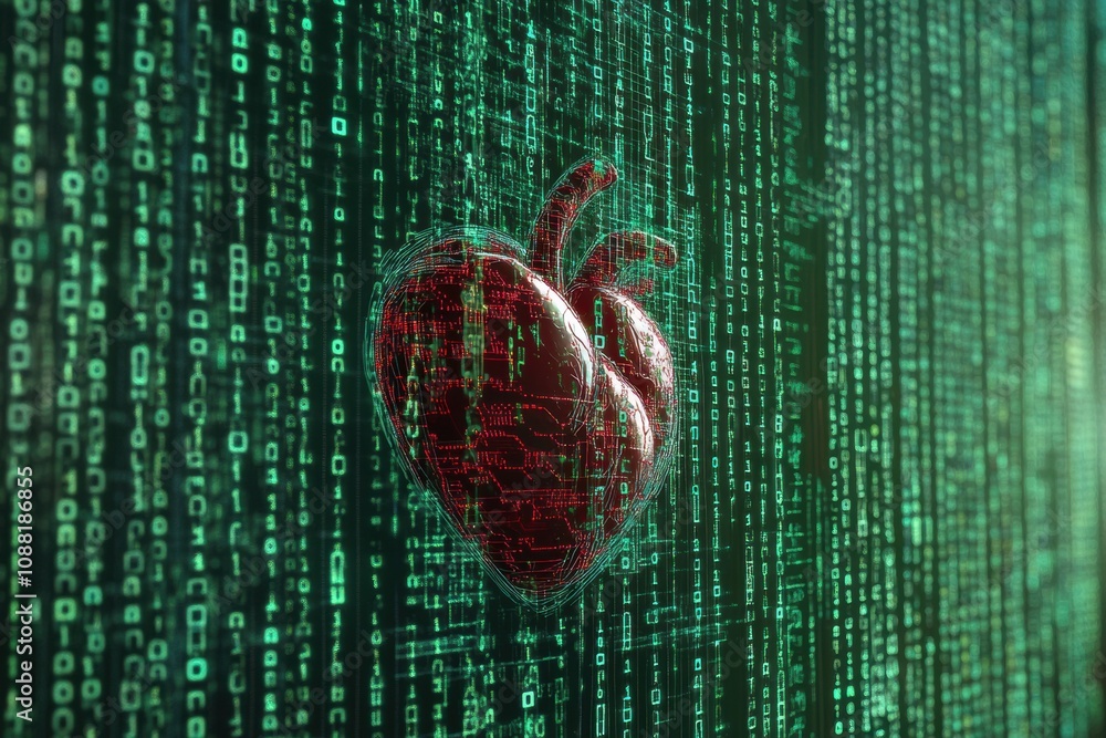 Aufkleber A striking depiction of a human heart enveloped by flowing digital code, signifying the fusion of biology and technology. Generative AI