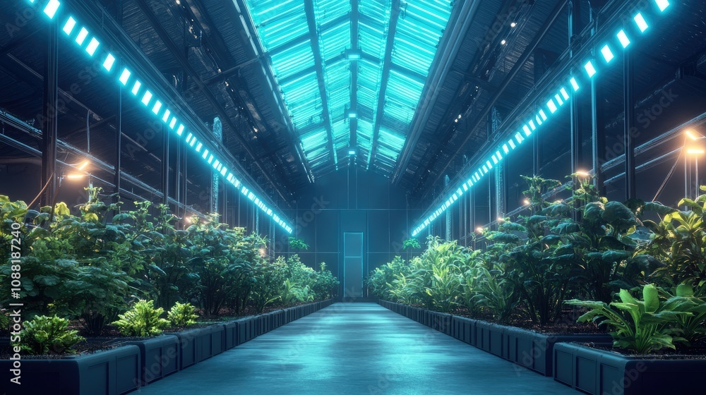 Poster high-tech greenhouse with automated systems and advanced lighting, symbolizing smart farming.
