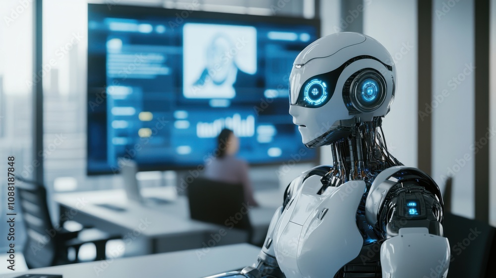 Poster a robot conducting a virtual meeting in a high-tech office, modern and professional setting with dig