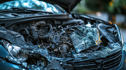 close up of damaged car hood revealing exposed engine and shattered glass