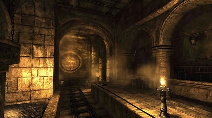 Dark, ancient stone corridor with arched ceilings, tracks, and a candle.
