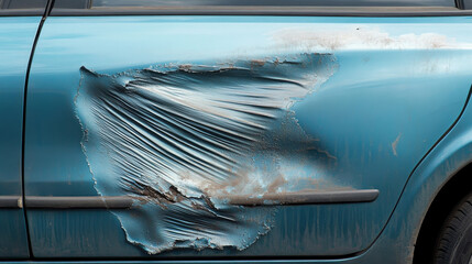 close up view of damaged car door with large dent and scratches