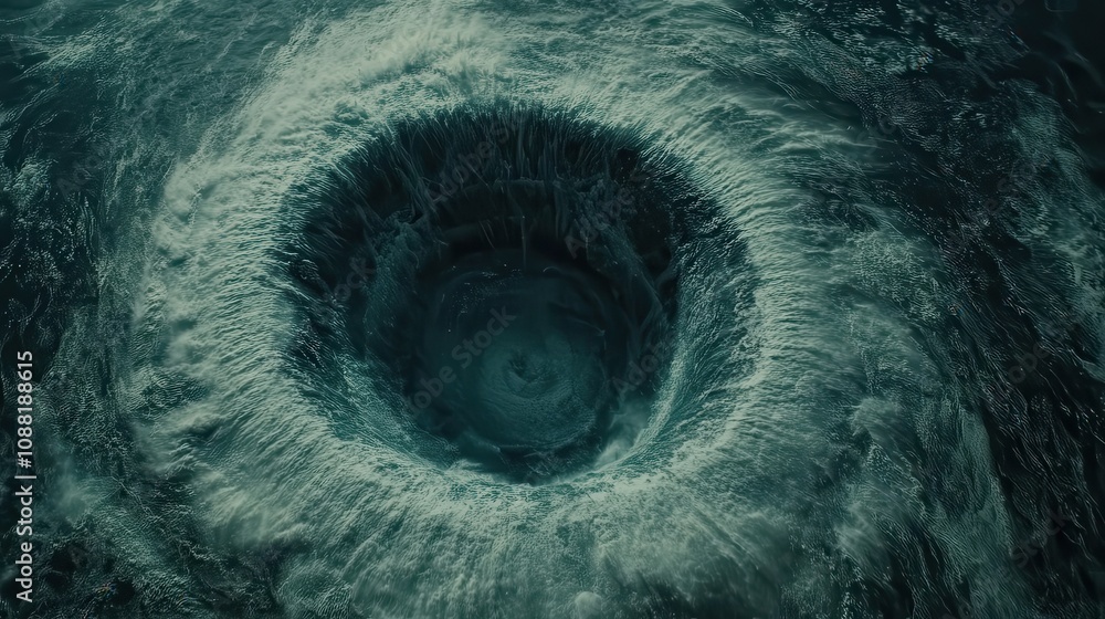 Poster a mesmerizing aerial view of a swirling vortex in dark water, creating a stunning visual effect of m