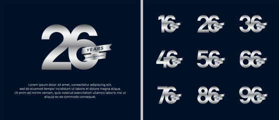 set of anniversary logo flat silver color with ribbon for celebration moment