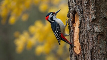 Woodpecker forages on tree trunk during autumn in a forested area