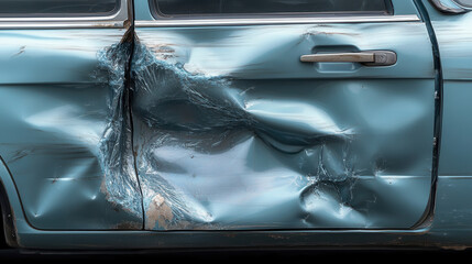 Severely dented car door with blue paint damage and distortion