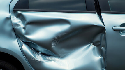 Severely dented car door with crumpled metal surface and reflections