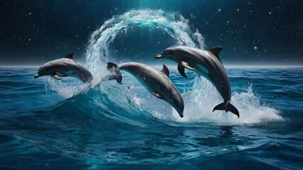 Naklejka premium Dolphins leap joyfully through waves under a starry sky at night in a vibrant ocean setting