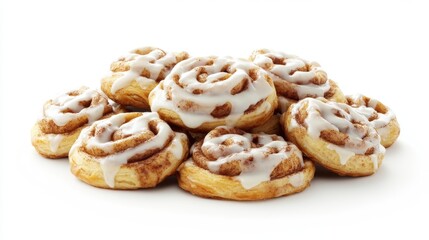 Naklejka premium 75.A pile of iced cinnamon pastries, positioned in a dynamic, cascading arrangement on a simple white background. The icing is spread generously over each pastry, and the pile appears to float with a