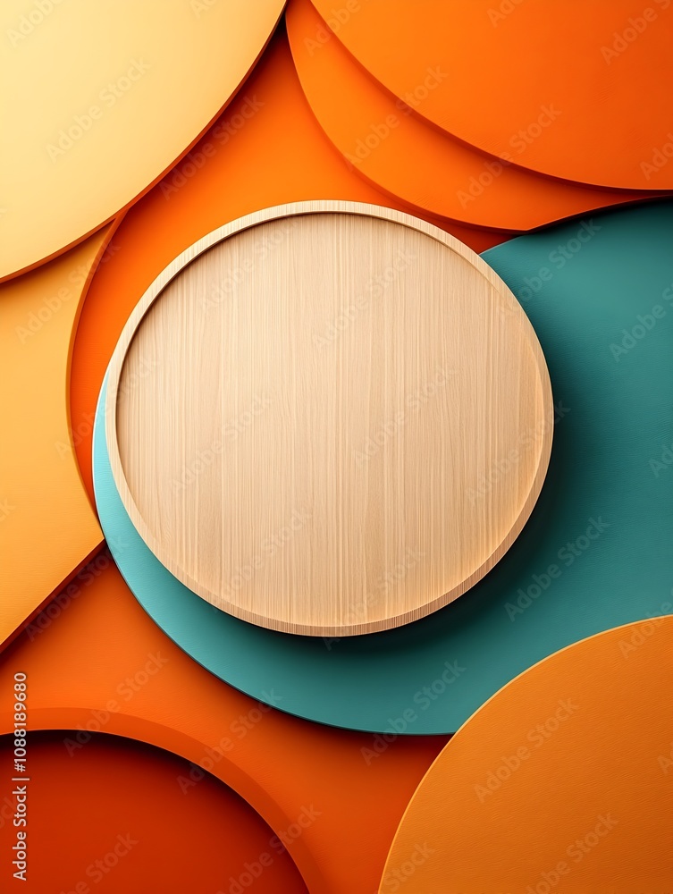 Poster circular wooden display or platform set against a geometric pattern in warm muted tones captured thr