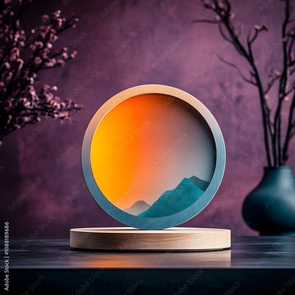 Poster elegant and minimalist circular wooden display stand centered on a table surrounded by a deep rich p