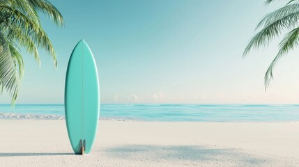 Single Stylized Surfboard Propped on Sandy Beach Under Palm Trees with Calm Turquoise Waters and Clear Sky Perfect for Summer Vibes and Surfing Lifestyle Imagery