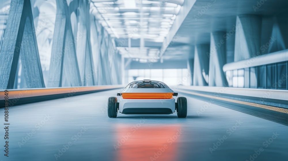 Leinwandbilder A robot guiding autonomous vehicles in a futuristic transportation hub, sleek and modern setting with advanced vehicle systems, Transportation Robotics style