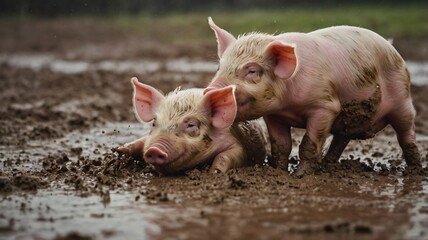 Two playful piglets enjoying muddy ground on a farm during a cloudy day