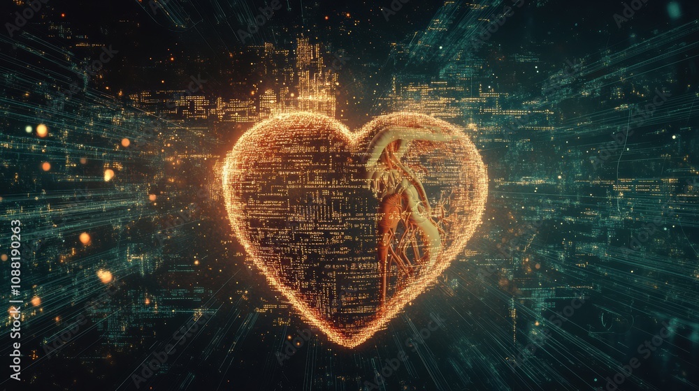 Poster A glowing heart is encircled by flowing digital code, representing the blend of human emotion and technological advancement. Generative AI