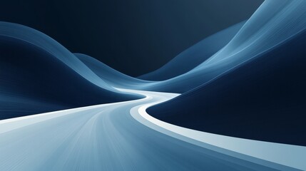 A symmetrical blue background with speed lines, light blue and black gradient colors, a white curved straight road, minimalist style, high resolution, and a dynamic technological atmosphere.