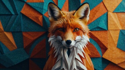 Obraz premium Artistic paper sculpture of a fox against a colorful geometric background with intricate details and vibrant colors