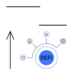 Arrow pointing upward, blue central circle labeled DEFI connected to icons for home, cart, gear, and heart. Ideal for finance, cryptocurrency, technology, growth innovation networking investment