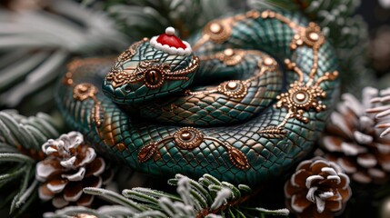 Naklejka premium Christmas Green Snake with Golden Ornaments, Curled Up Atop Festive Greenery and Pinecones
