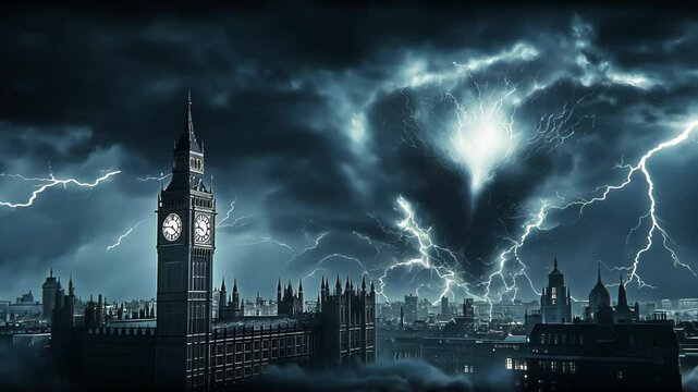 Gothic clocktower cityscape beneath turbulent storm clouds. Massive ethereal wraith face emerges from swirling temporal vortex. 