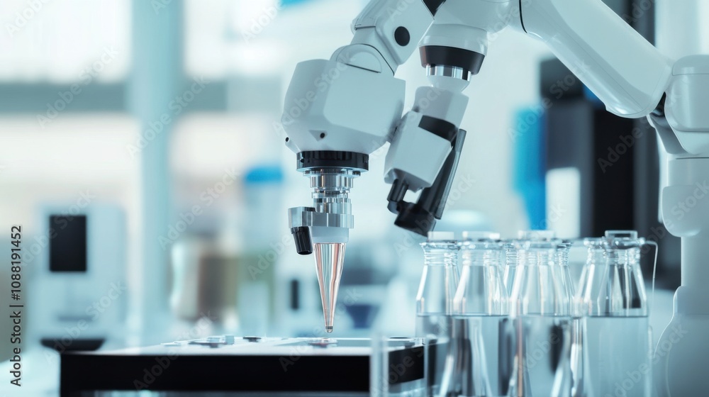 Fototapete A robot performing detailed lab analysis in a biochemical lab, sterile and high-tech setting with lab equipment and samples, Biochemical Robotics style