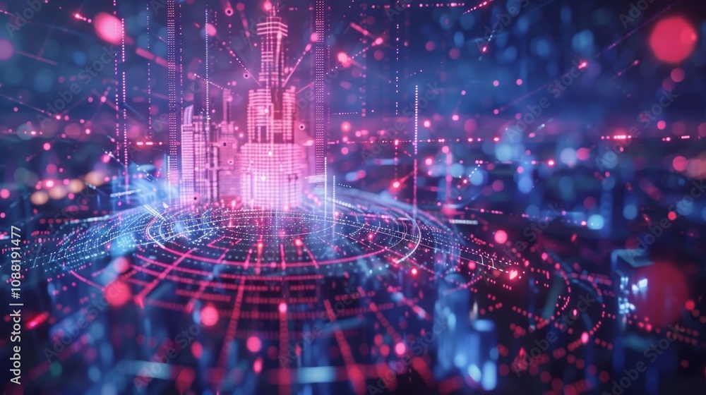 Poster complex network of interconnected lines and nodes creating a futuristic cityscape, symbolizing globa