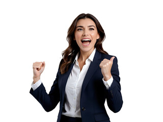 professional and successful businesswoman portrait with laptop - victory pose, png file, transparent background