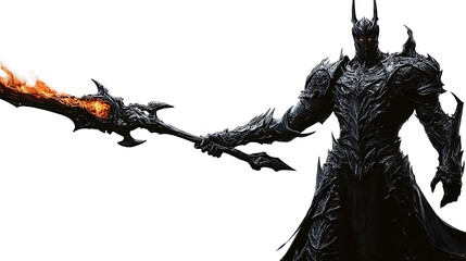 Fototapeta premium Dark knight with fiery weapon, isolated on white.