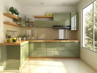 Modern Green Kitchen Design With Wooden Accents