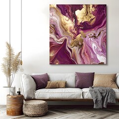 Richly Colored Fluid Art with Deep Purples and Gold in Metallic Finish